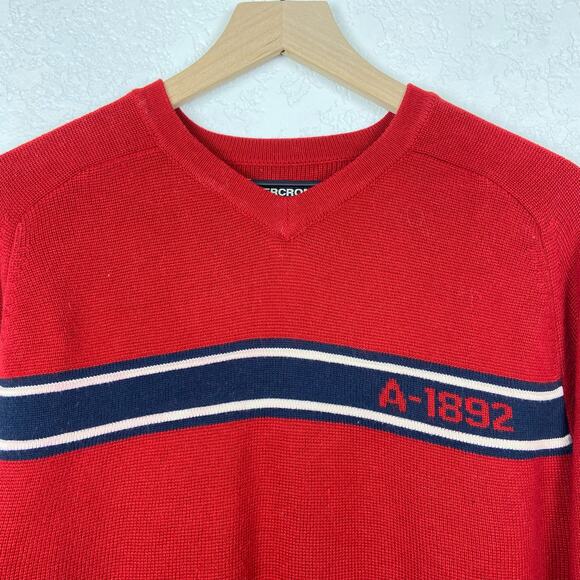 Vintage A&F Abercrombie and fitch red and navy striped pullover crewneck sweater - Picture 2 of 4
